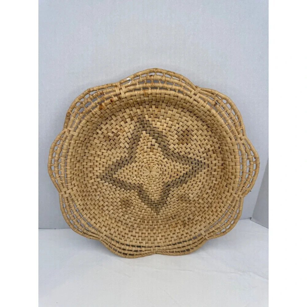 Vintage Woven Scalloped Edge Basket Tray Star Pattern Boho Wall Decor 13